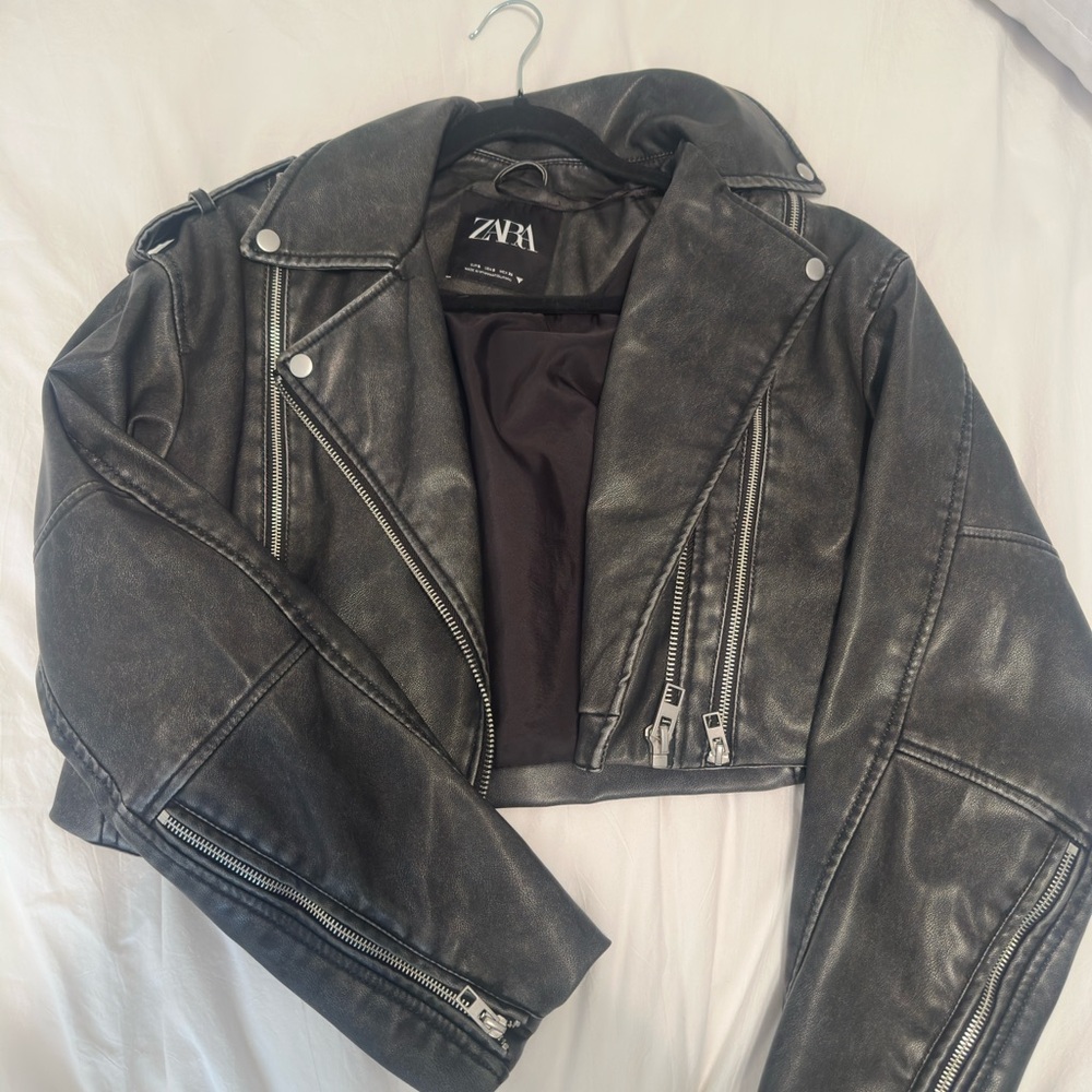 Zara Distressed Black Leather Jacket